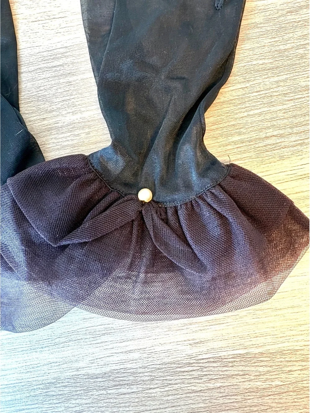 Vintage Black Sheer Nylon Gloves Tulle Ruffle Cuffs Faux Pearl Formal 1960s